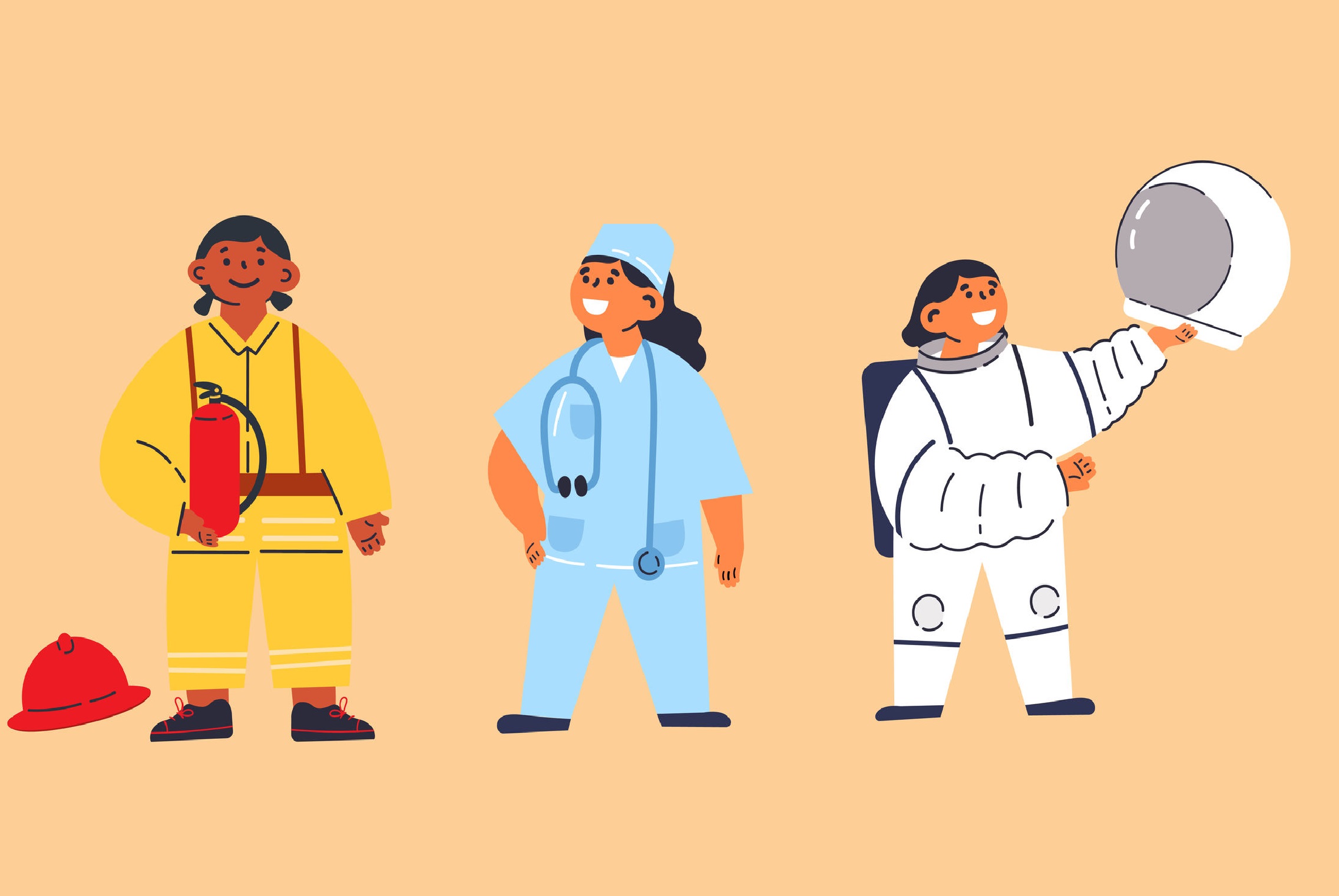插圖中有一位消防員、醫生和太空人，全部都是女性。